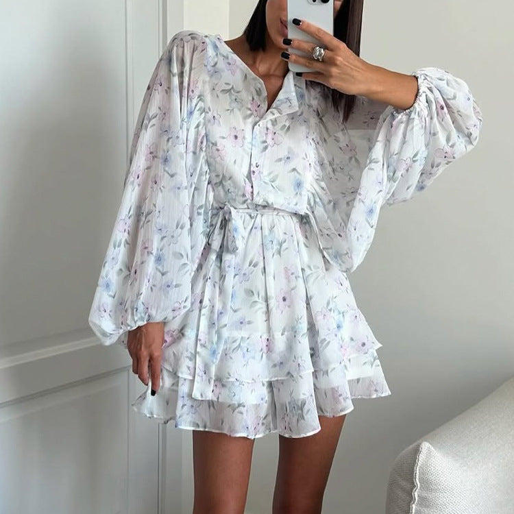 Dress Women Summer Round Neck Puff Sleeve Single Breasted Lace up A line Dress Floral Dress