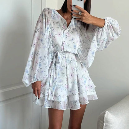 Dress Women Summer Round Neck Puff Sleeve Single Breasted Lace up A line Dress Floral Dress