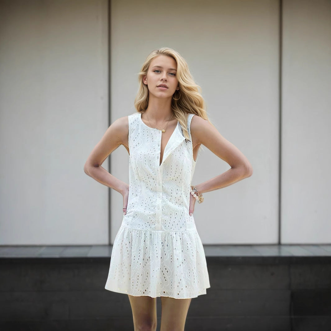 Summer Simple Office Slim Sleeveless Single Breasted Dress Women Clothing Mini Dress