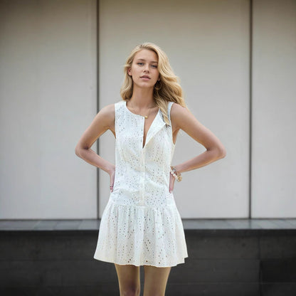 Summer Simple Office Slim Sleeveless Single Breasted Dress Women Clothing Mini Dress