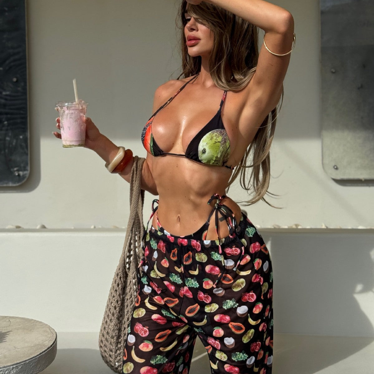 Print Sexy Three Piece Suit Halter Lace up Swimsuit Women Bikini Bikini Swimsuit
