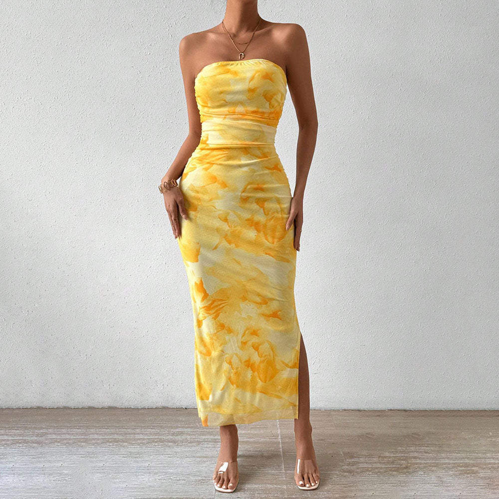 Printed Dress Spring Summer Women Clothing High Waist Slit Tube Top Dress