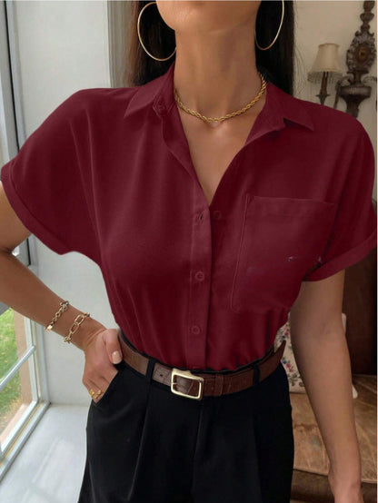 Satin V neck Shirt Women Women Solid Color Satin Short Sleeve Casual Button Satin Shirt