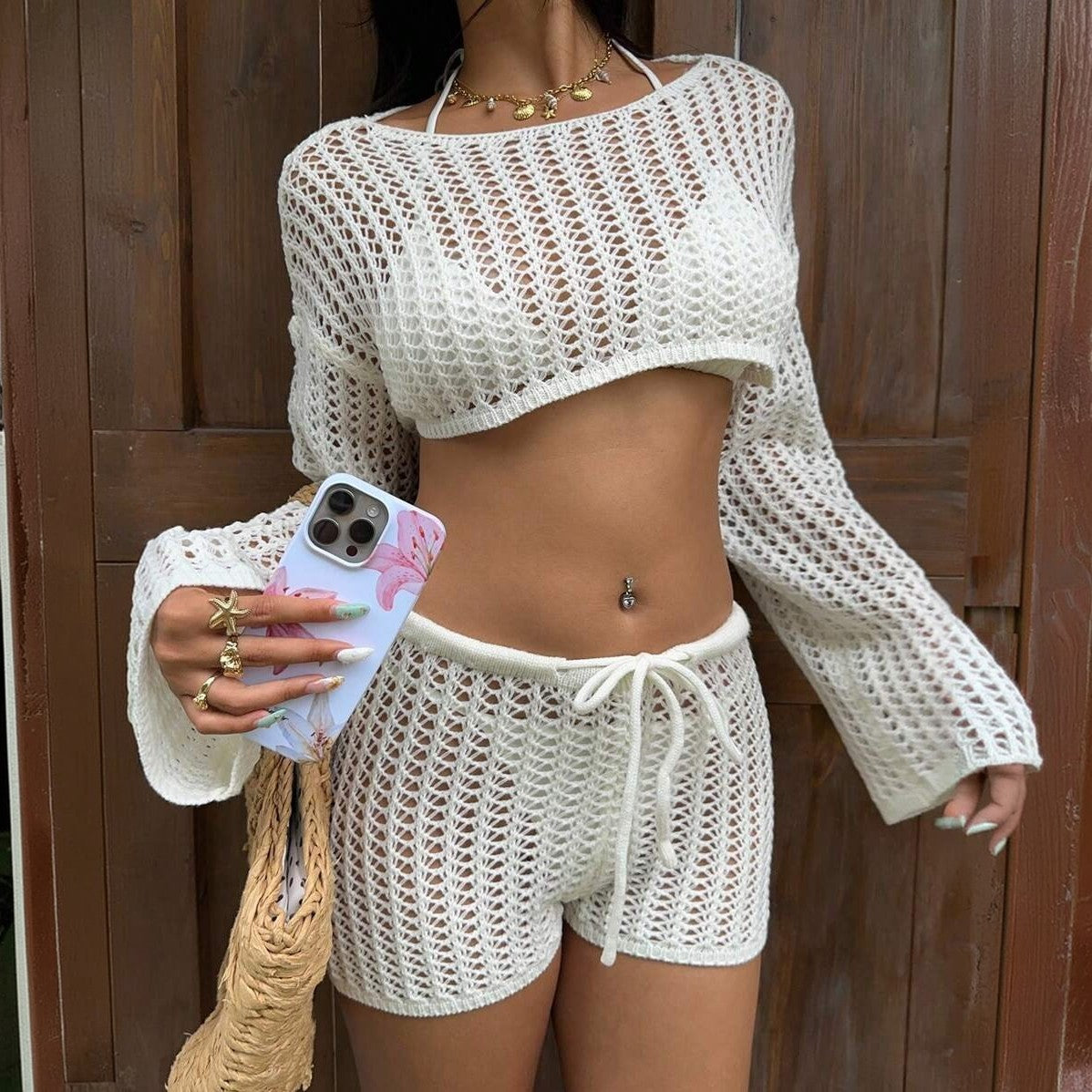 Solid Color Sexy Cutout Knitted Beach Bikini Swimsuit Blouse Sun Proof Set