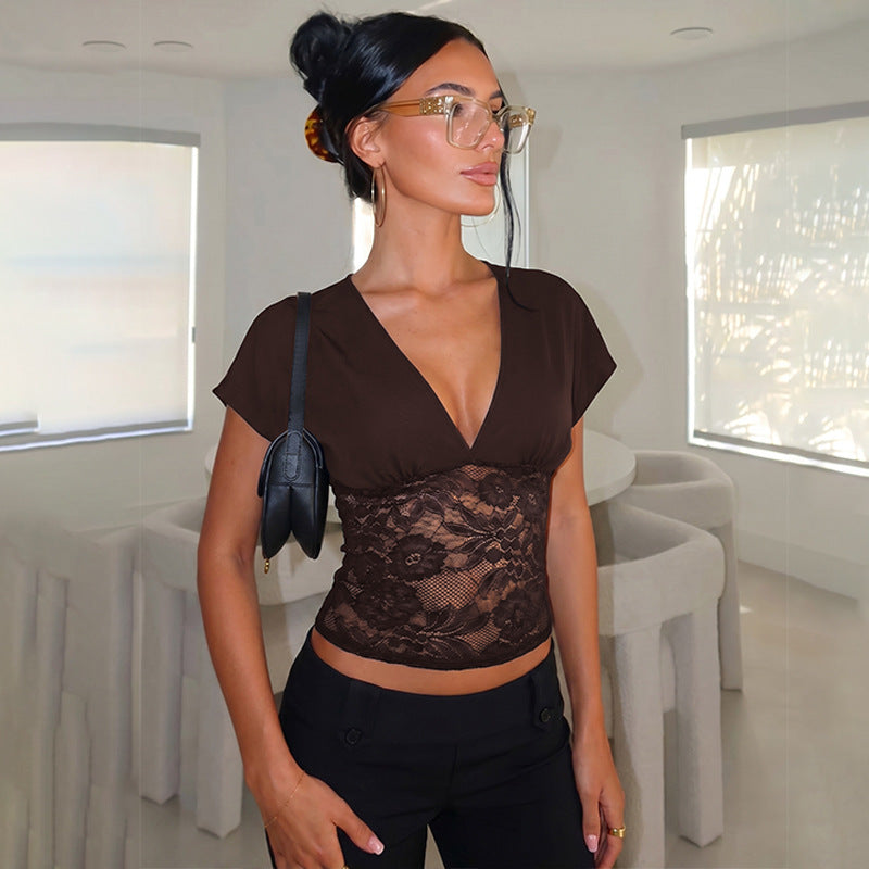 Lace Stitching Coat Summer Solid Color Short Sleeve Sexy Deep V Plunge neck Slim Fit Tank Top Women