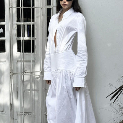 Women Clothing Spring Summer White Office Pleated A line Dress Collared Long Sleeve Shirt Dress Women