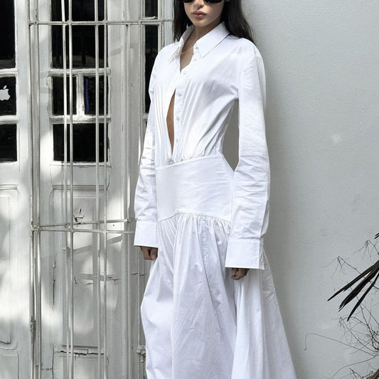Women Clothing Spring Summer White Office Pleated A line Dress Collared Long Sleeve Shirt Dress Women
