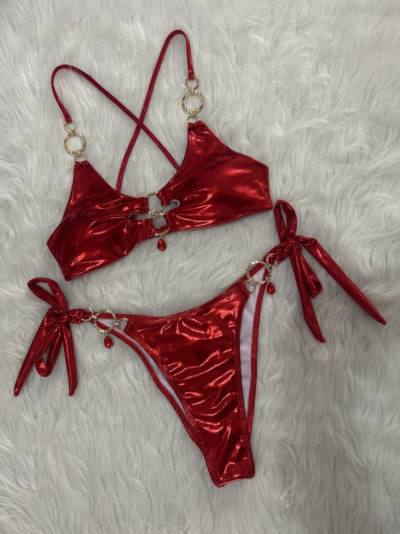 Metal Ring Hanging Diamond Bikini Sexy Cutout Lace up Split Swimsuit Vacation Swimsuit Women