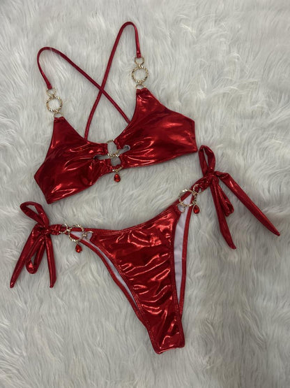 Metal Ring Hanging Diamond Bikini Sexy Cutout Lace up Split Swimsuit Vacation Swimsuit Women