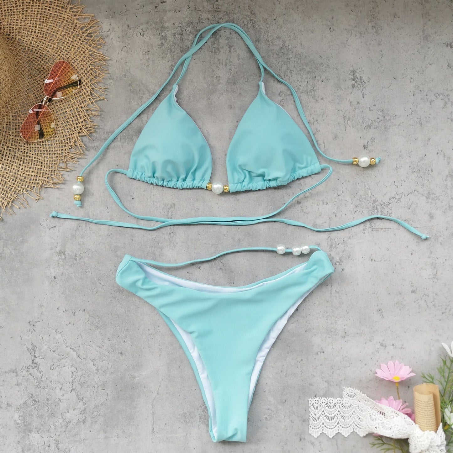 Fresh Solid Color Three Point Strap Sexy Halter Bikini Sexy Split Swimsuit Women