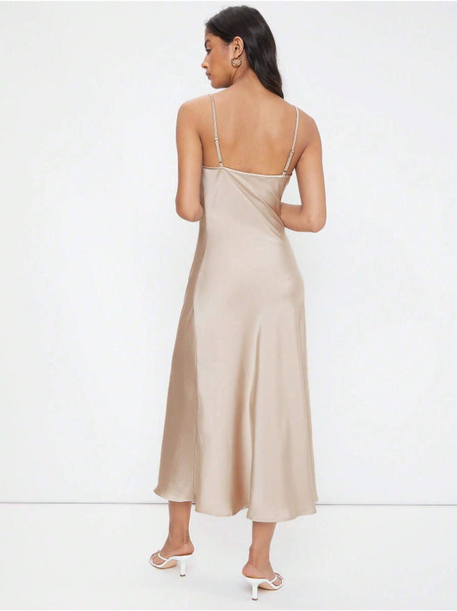 Women Clothing Spring Summer Satin Sling Deep V Plunge neck Slim Solid Color Dress