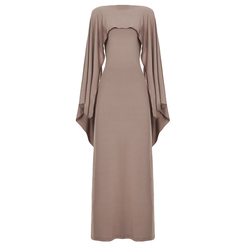 Sexy Adult Lady like Woman Elegant Batwing Sleeve Shawl Strap Backless Cami Dress Two Piece Set for Women