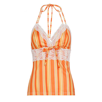 Beach Vacation Plaid Contrast Color Lace up Halterneck Sling Summer Lace Stitching Bow Top