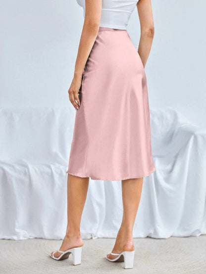 High Waist Satin Skirt Autumn Winter Women Midi Skirt Zipper Satin Skirt