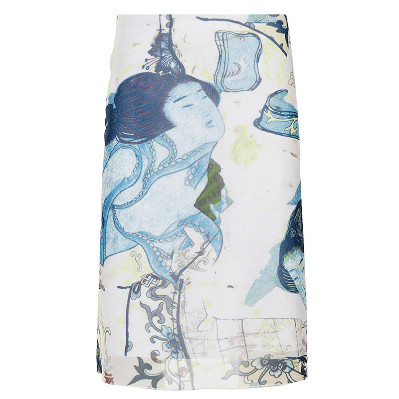 Artistic Retro Japanese Abstract Printing Elegant Graceful Skirt Vacation Sexy Special Interest Hip Skirt