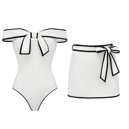 Swimsuit Black White Color Matching Sweet Girl Bow Swimsuit Women White Skirt