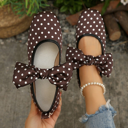 Black White Polka Dot Shallow Mouth Pumps Women Bow Mary Jane Ballet Breathable Boat Shoes