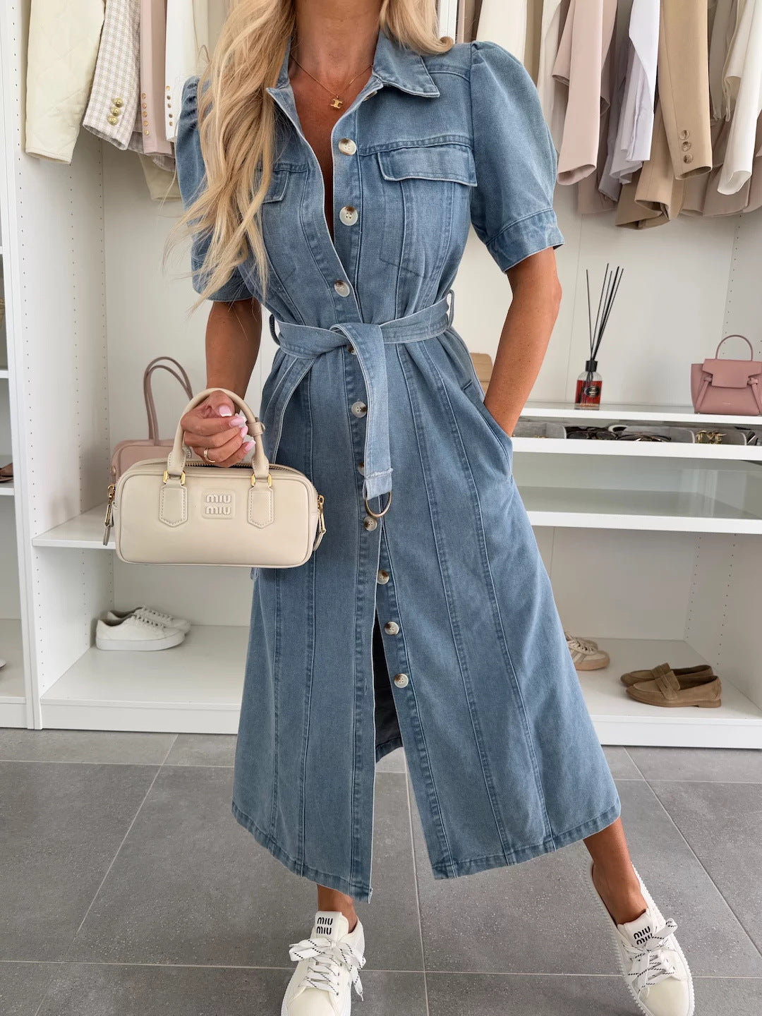 Summer Collared Lace up Single Breasted Women Short Sleeve Denim Midi Dress