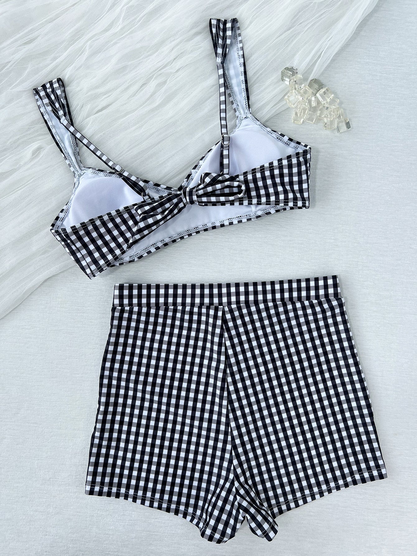Ladies Split Plaid Printed Tied High Waist Shorts Bikini Swimsuit Bikini