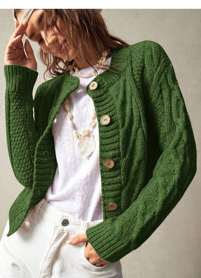 Twist Knitted Cardigan Women round Neck Slim Fit Cropped Sweater Coat Green Autumn Winter