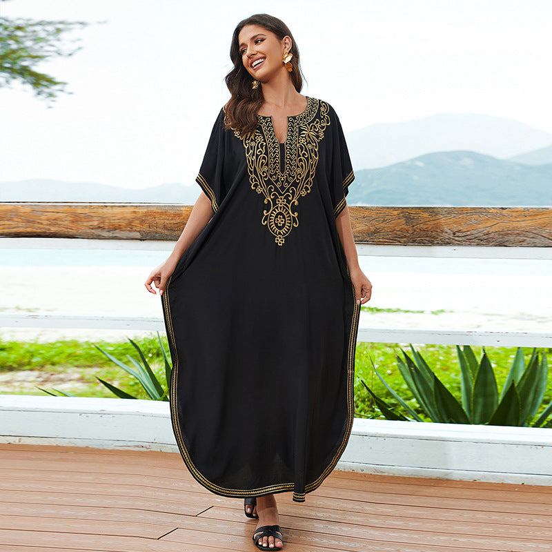 Cotton Embroidered Casual Vacation Loose Maxi Dress Beach Jacket Women Maxi Dress Beach Cover Up