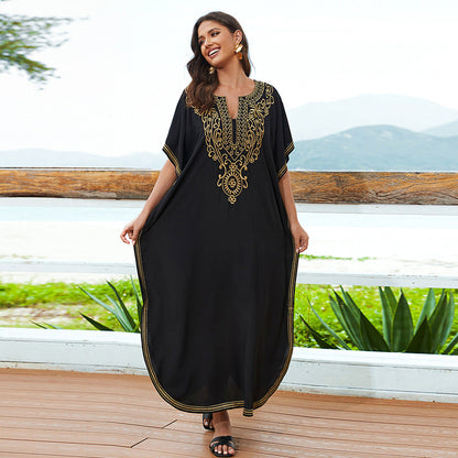 Cotton Embroidered Casual Vacation Loose Maxi Dress Beach Jacket Women Maxi Dress Beach Cover Up