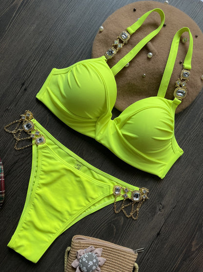 Gathering Steel Bracket Solid Color Bikini Sexy Crystal Diamond Swimsuit Split Swimwear Women