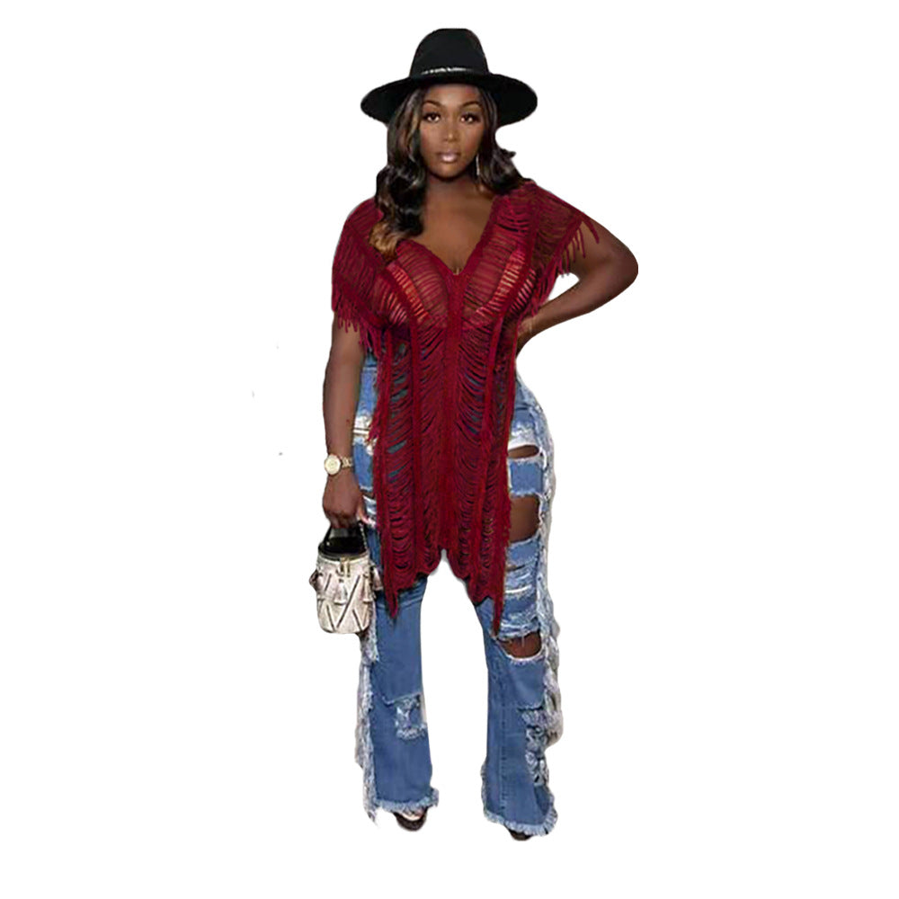 Women Clothing Solid Color Casual Tassel Hollow Out Cutout T shirt
