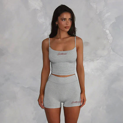 Street Casual Sports Women Slim Fit Letters Embroidered Strap Shorts Fitness Two Piece Sets Summer