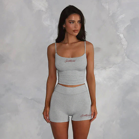 Street Casual Sports Women Slim Fit Letters Embroidered Strap Shorts Fitness Two Piece Sets Summer
