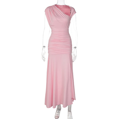 Women Clothing Summer Slim fit Sexy Cutout Fitted Waist Pleated Solid color Dress