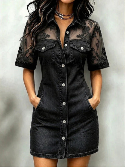 Summer Women Casual Patchwork Lace Denim Mini Dress