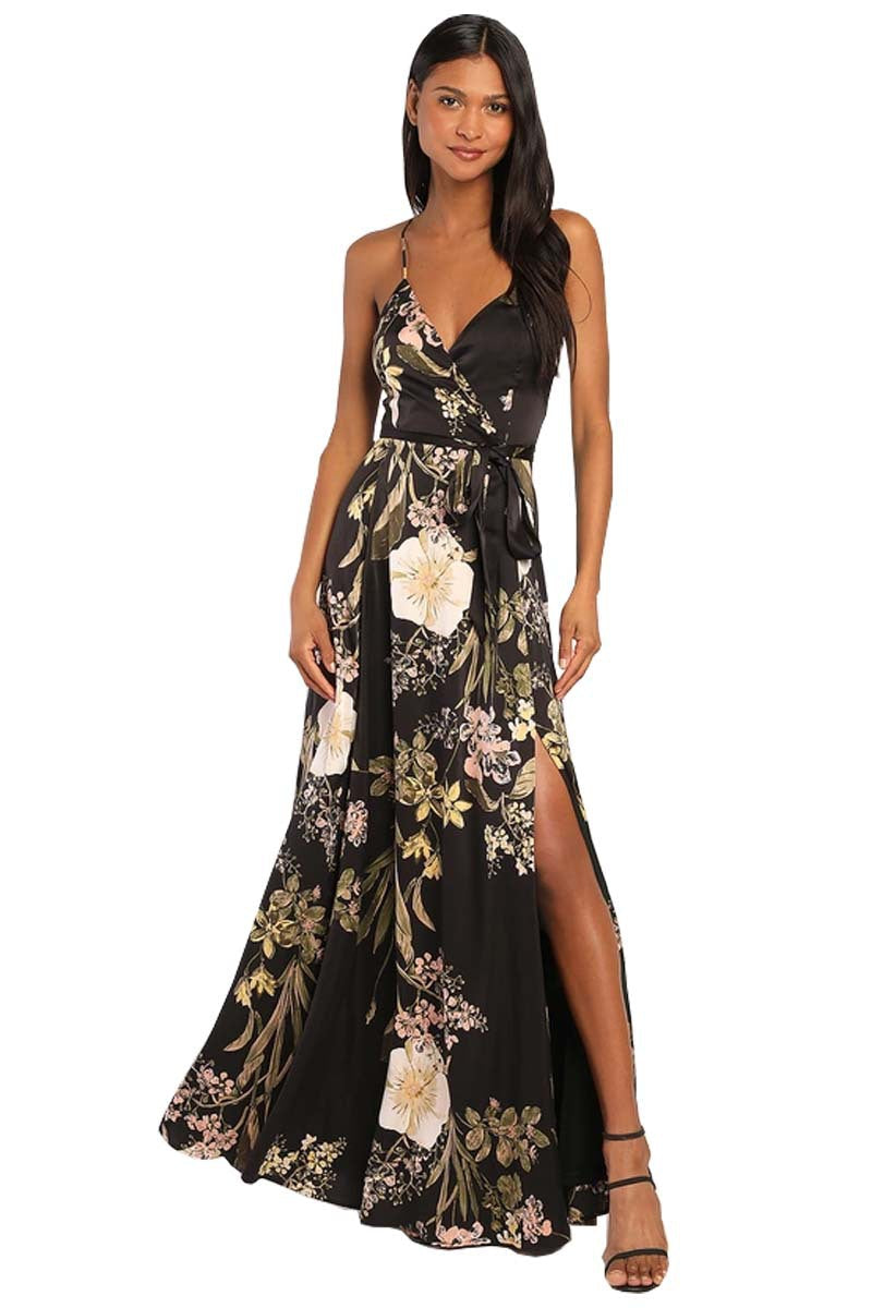 V Cut Spaghetti Strap Floral Print Backless Slit Casual Vacation Beach Commuting Elegant Dress