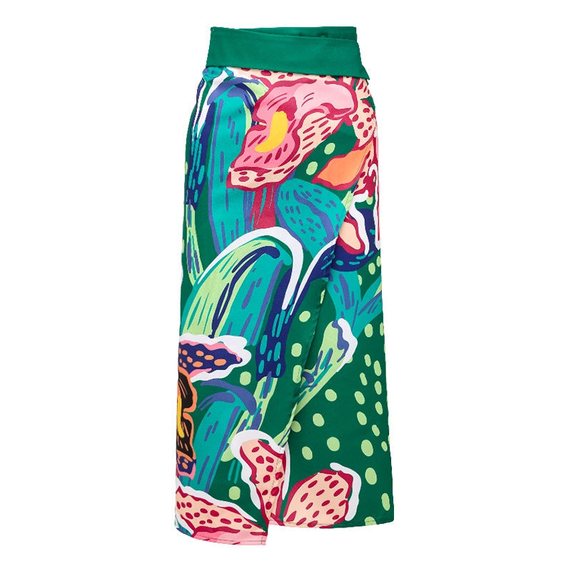 Women Bikini Abstract Printing High Waist Split Swimsuit Set