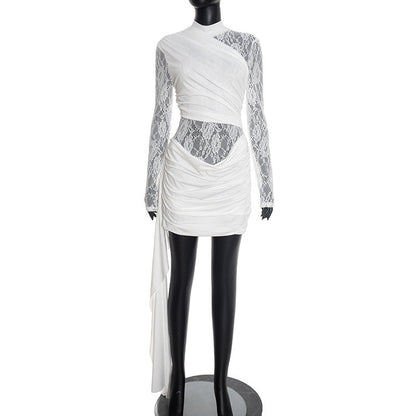 Women Clothing Autumn Winter Solid Color Stitching Lace round Neck Slim Fit Long Sleeved Ribbon Short Dress