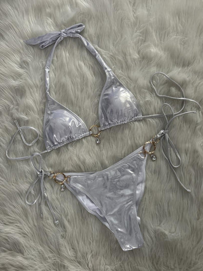 Bikini Swimsuit Split Bright Crystal Solid Color Sexy Beach Vacation Tied Swimsuit