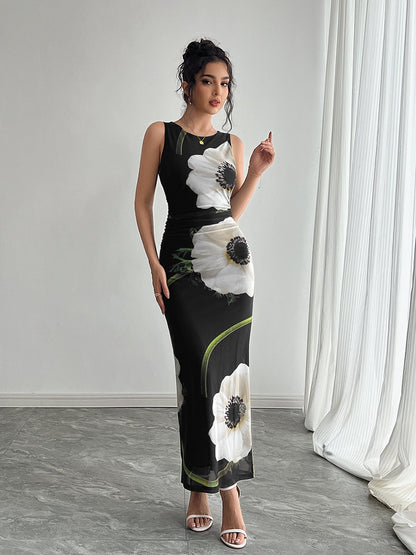 Spring Summer Women Black Mesh Floral Print Sleeveless Maxi Dress