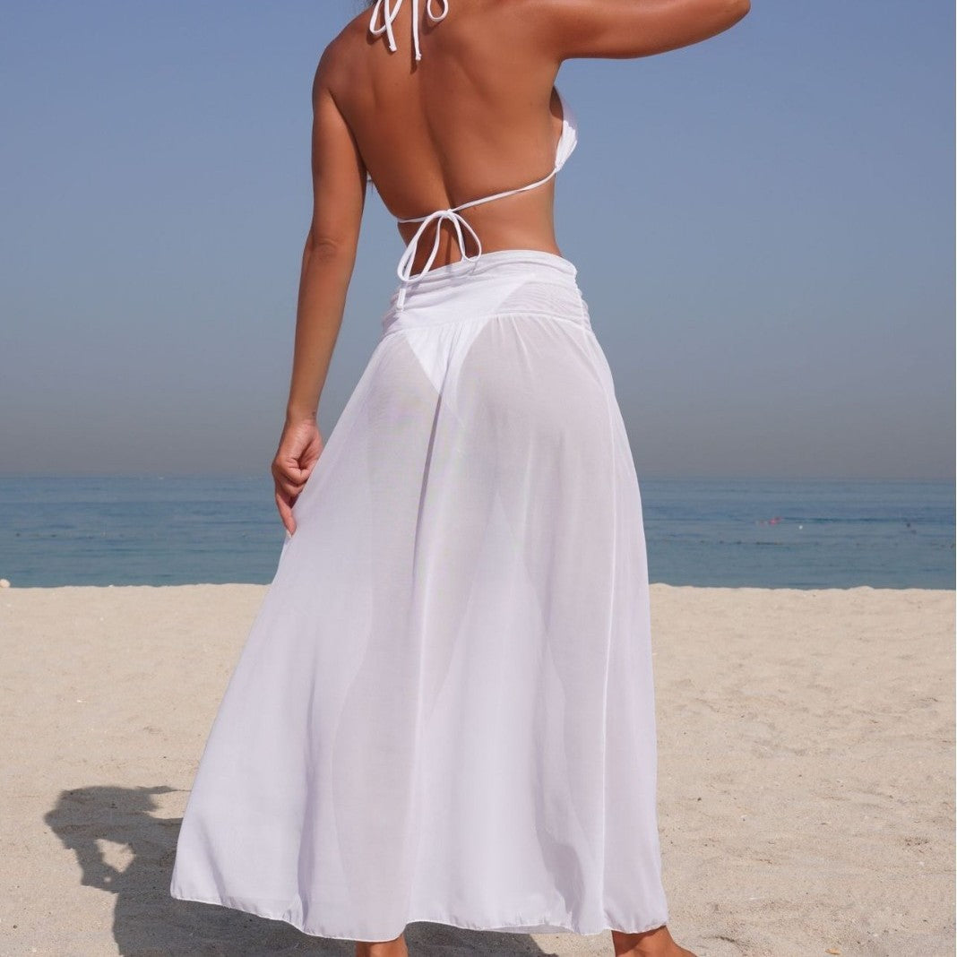 Solid Color Mesh Long Skirt Sexy Swimsuit Women Bikini Three Piece Swimsuit