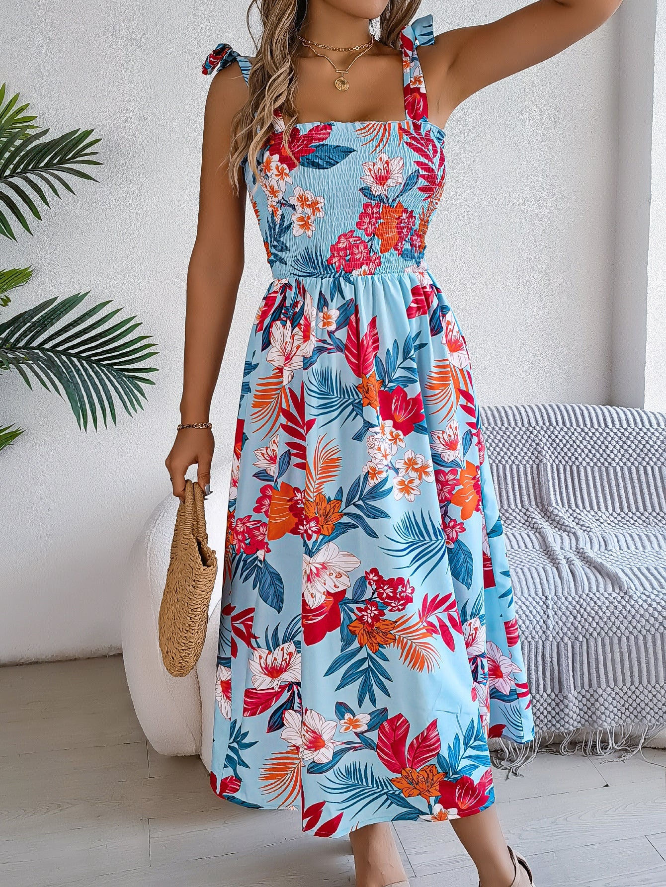 Spring Summer Printing Lace up Waist Dress Vacation Beach Dress Women Clothing