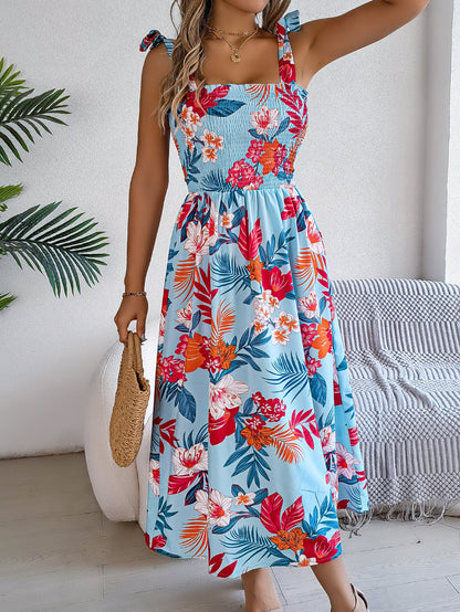 Spring Summer Printing Lace up Waist Dress Vacation Beach Dress Women Clothing