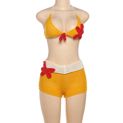 Summer Women Clothes Sexy Floral Knitting Bikini Spaghetti Straps Cropped Shorts Two Piece Sets