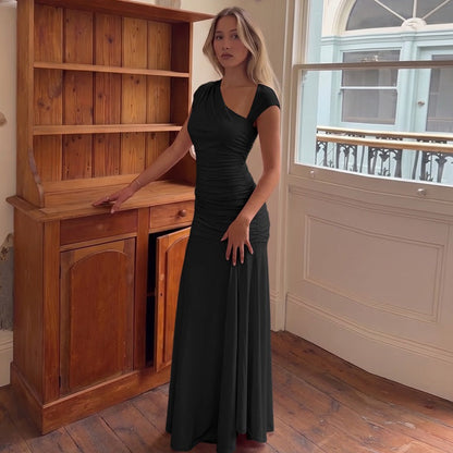 Women Clothing Summer Slim fit Sexy Cutout Fitted Waist Pleated Solid color Dress