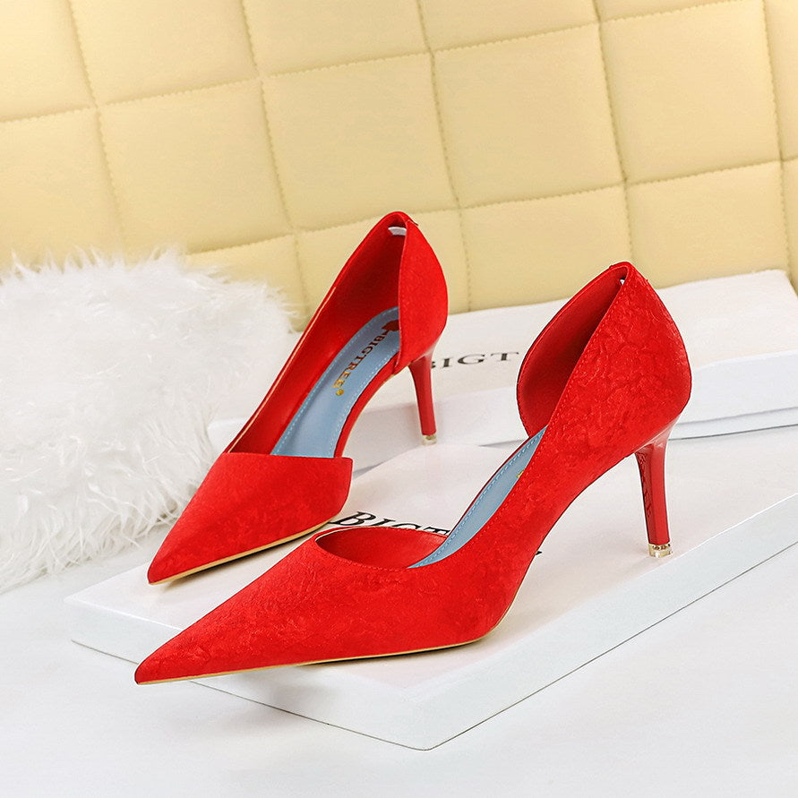 Fashionable Sexy Figure Flattering Side Hollow Out Cutout High Heels Stiletto Heel Cloth Surface Shallow Mouth Pointed Toe Super High Heel Pumps