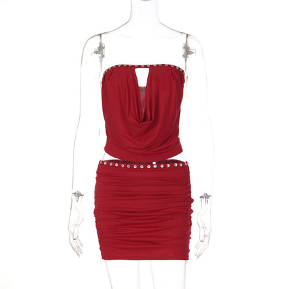 Women Clothing Winter Sexy Sleeveless Tube Top Fastener Decoration Pleated Slim Fit Skirt Two Piece Sets