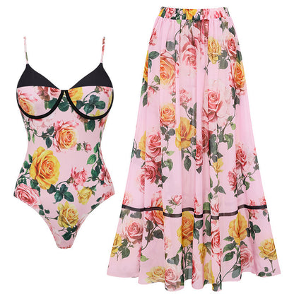 Swimsuit Pink Floral Sweet Seaside Vacation Swimsuit Set Women