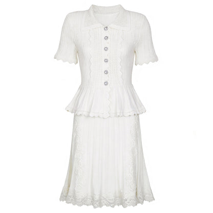 Summer Ladies Internet Popular Slim Fitting Slimming Pearl Buckle Faux Two Pieces Short Sleeve Dress