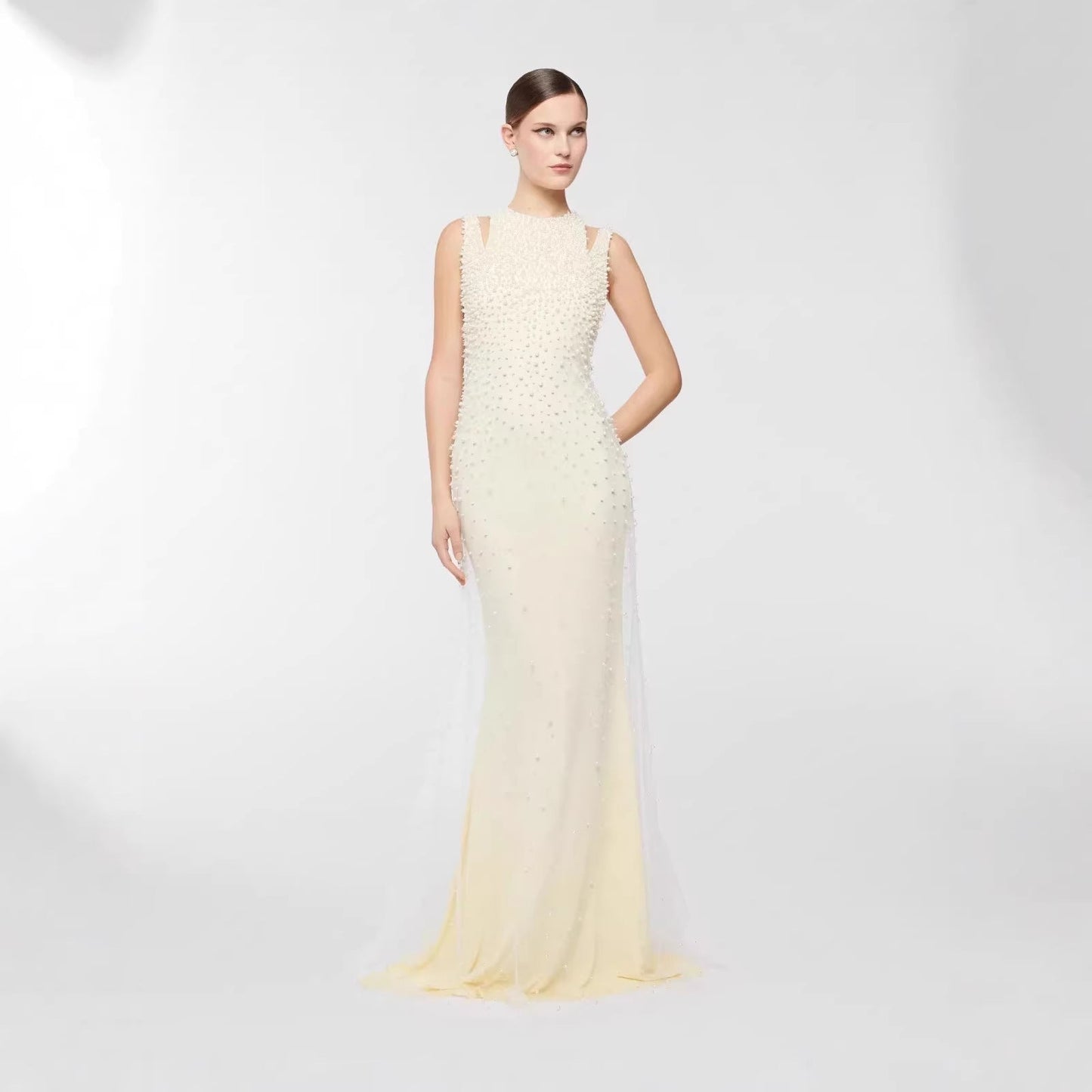 Pearl Tassel off the Shoulder Fishtail Dress Heavy Industry Beads Slim Slimming Dinner Dress for Women
