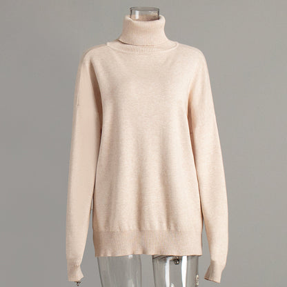 Turtleneck Sweater Women Autumn Winter Casual Sweater Slit Loose Solid Color Knitted Sweater