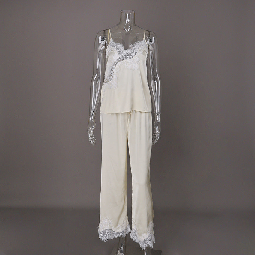 Satin Stitching Lace Suspender Trousers Pajamas Casual Outdoor Home Wear for Women