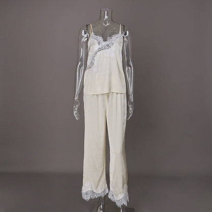 Satin Stitching Lace Suspender Trousers Pajamas Casual Outdoor Home Wear for Women